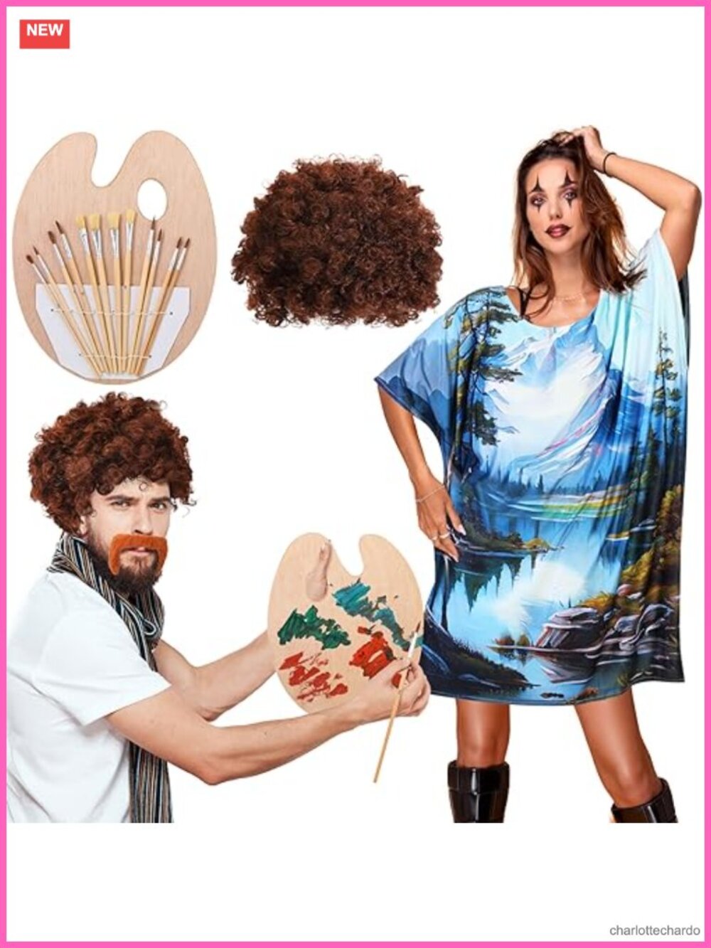 16 Pc 80s Painter Halloween Couples Costume Set Wig Beard Brushes Palette